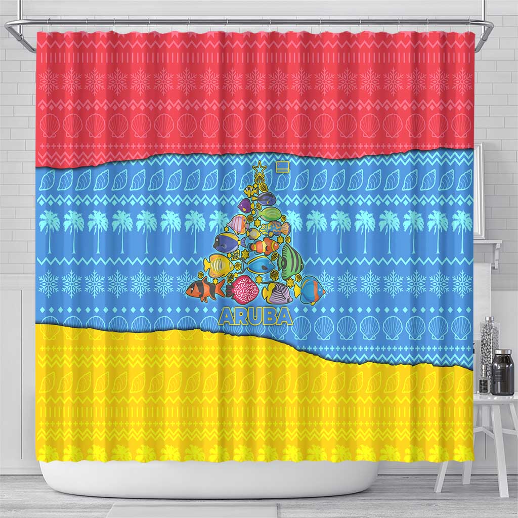 Aruba Christmas Shower Curtain with Fish Christmas Tree Aruba Flag and Red Blue Yellow Tropical Pattern Design - Wonder Print Shop