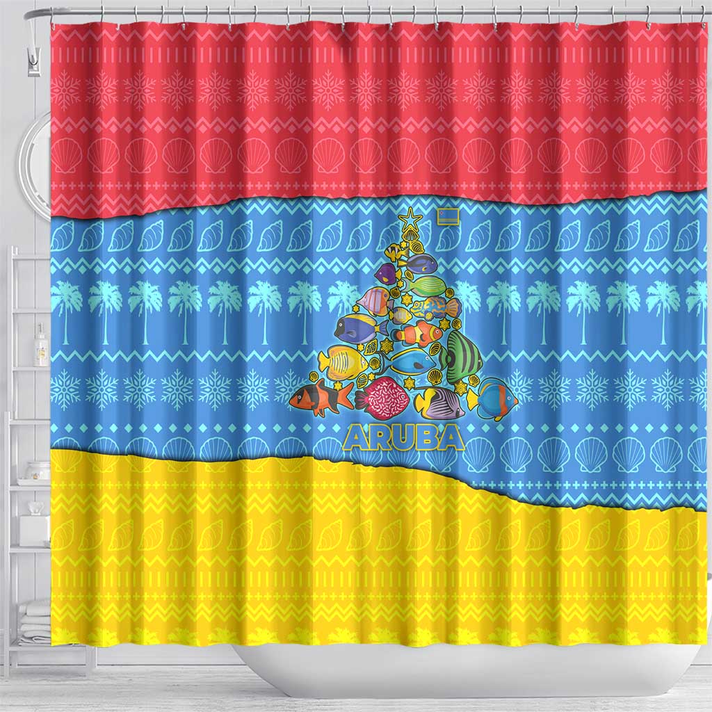 Aruba Christmas Shower Curtain with Fish Christmas Tree Aruba Flag and Red Blue Yellow Tropical Pattern Design - Wonder Print Shop