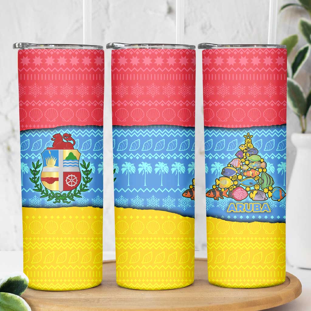 Aruba Christmas Skinny Tumbler with Fish Christmas Tree Aruba Flag and Red Blue Yellow Tropical Pattern Design - Wonder Print Shop