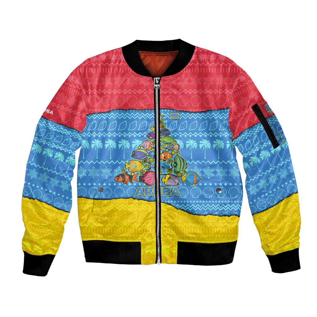 Aruba Christmas Sleeve Zip Bomber Jacket with Fish Christmas Tree Aruba Flag and Red Blue Yellow Tropical Pattern Design - Wonder Print Shop