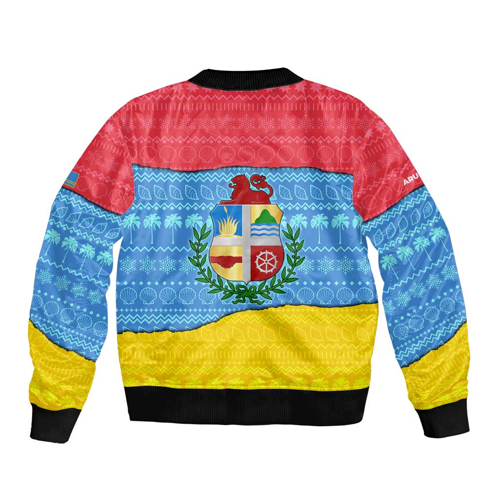 Aruba Christmas Sleeve Zip Bomber Jacket with Fish Christmas Tree Aruba Flag and Red Blue Yellow Tropical Pattern Design - Wonder Print Shop