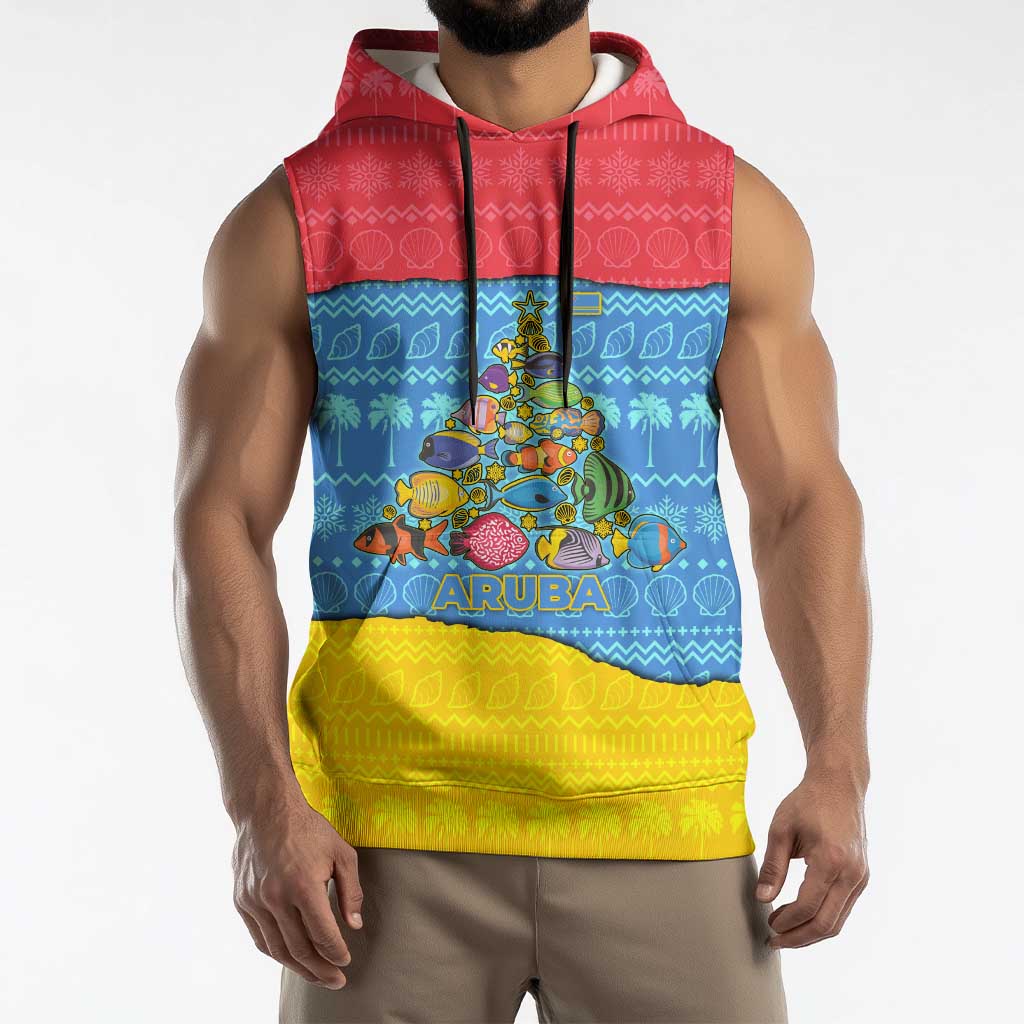 Aruba Christmas Sleeveless Hoodie with Fish Christmas Tree Aruba Flag and Red Blue Yellow Tropical Pattern Design - Wonder Print Shop