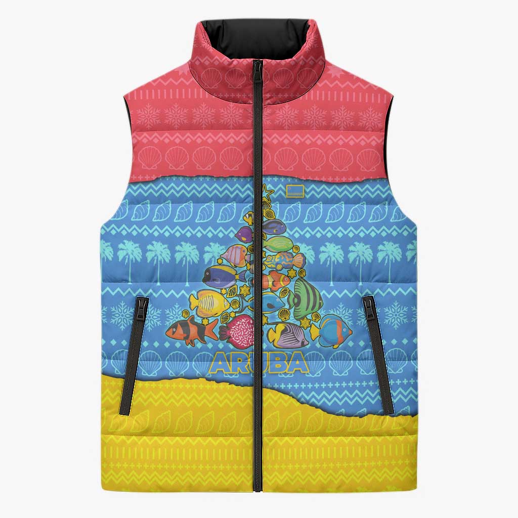 Aruba Christmas Sleeveless Puffer Jacket with Fish Christmas Tree Aruba Flag and Red Blue Yellow Tropical Pattern Design - Wonder Print Shop