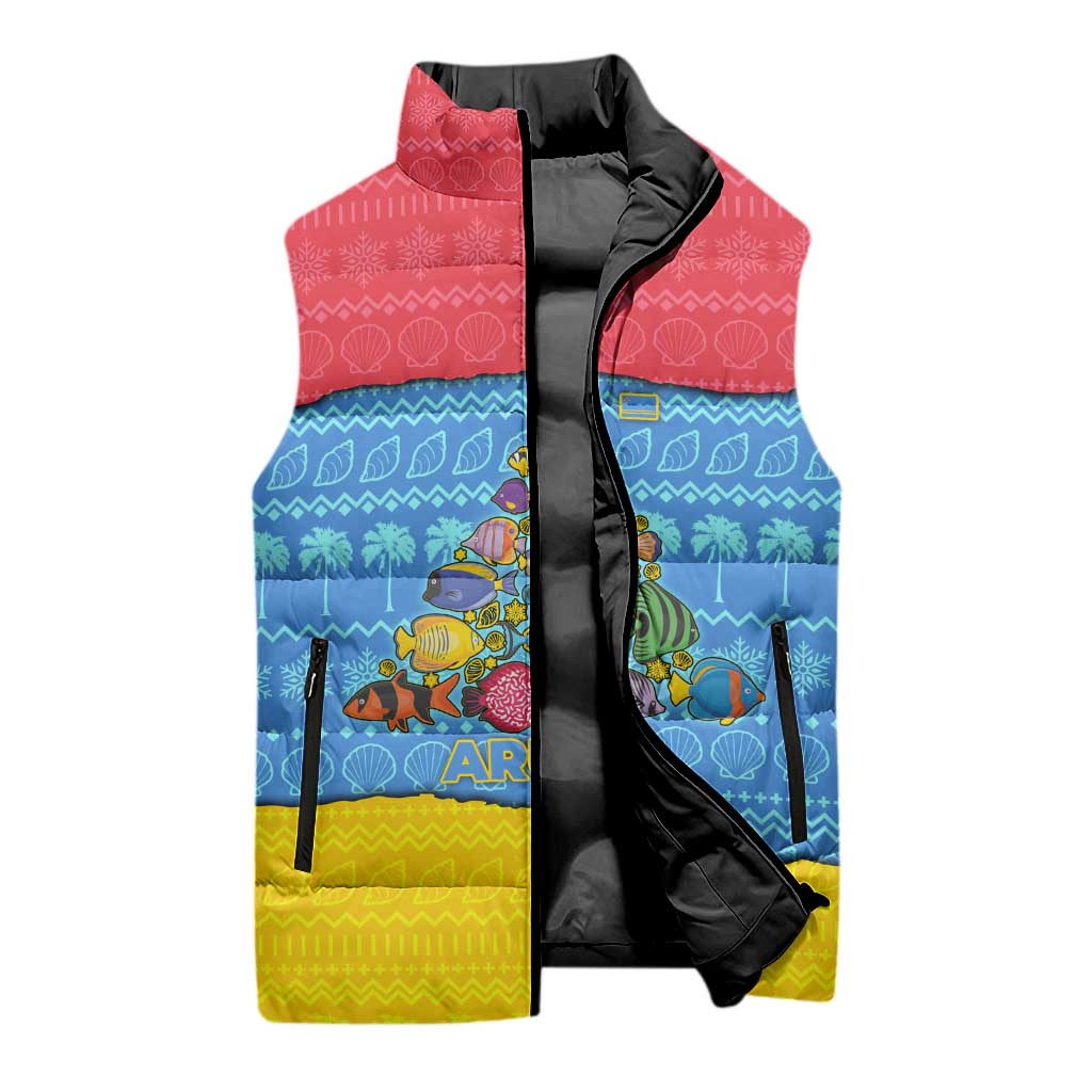 Aruba Christmas Sleeveless Puffer Jacket with Fish Christmas Tree Aruba Flag and Red Blue Yellow Tropical Pattern Design - Wonder Print Shop