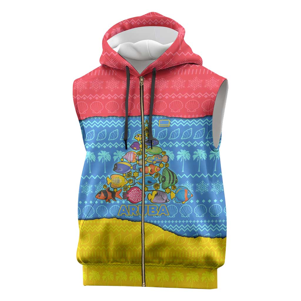 Aruba Christmas Sleeveless Zip Hoodie with Fish Christmas Tree Aruba Flag and Red Blue Yellow Tropical Pattern Design - Wonder Print Shop