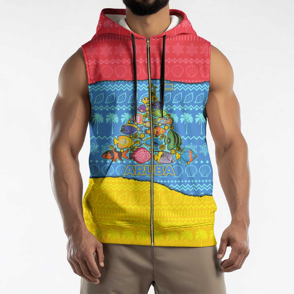 Aruba Christmas Sleeveless Zip Hoodie with Fish Christmas Tree Aruba Flag and Red Blue Yellow Tropical Pattern Design - Wonder Print Shop