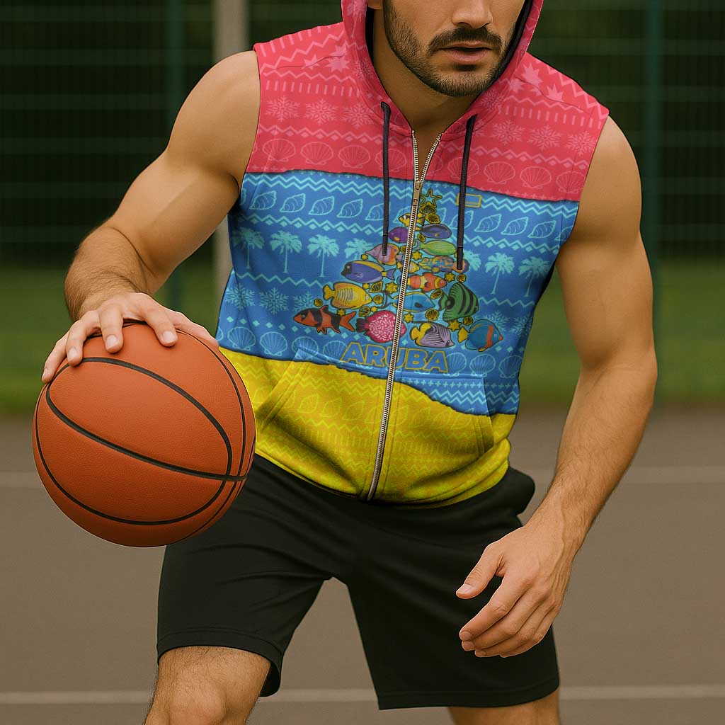 Aruba Christmas Sleeveless Zip Hoodie with Fish Christmas Tree Aruba Flag and Red Blue Yellow Tropical Pattern Design - Wonder Print Shop