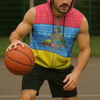 Aruba Christmas Sleeveless Zip Hoodie with Fish Christmas Tree Aruba Flag and Red Blue Yellow Tropical Pattern Design - Wonder Print Shop