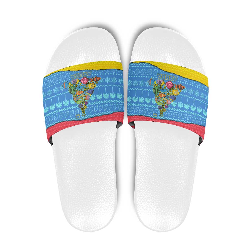 Aruba Christmas Slide Sandals with Fish Christmas Tree Aruba Flag and Red Blue Yellow Tropical Pattern Design - Wonder Print Shop