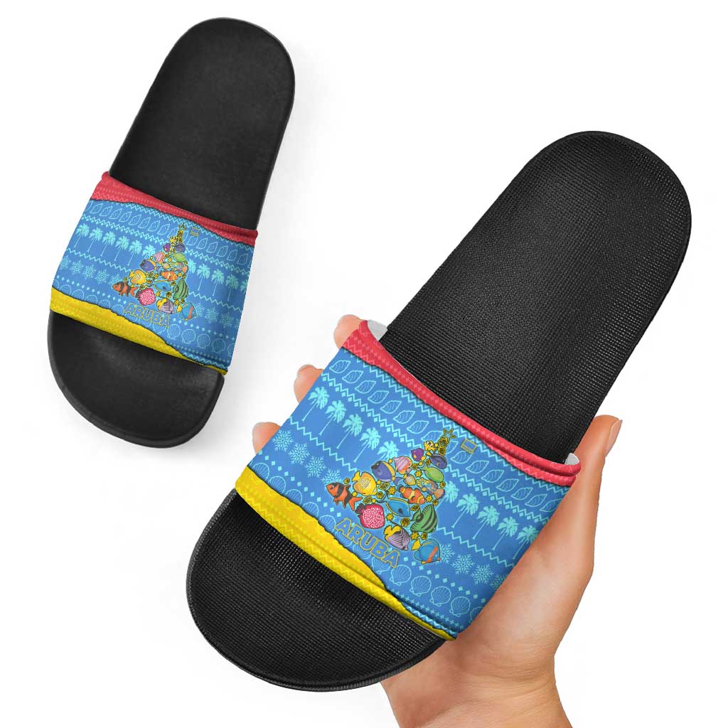 Aruba Christmas Slide Sandals with Fish Christmas Tree Aruba Flag and Red Blue Yellow Tropical Pattern Design - Wonder Print Shop