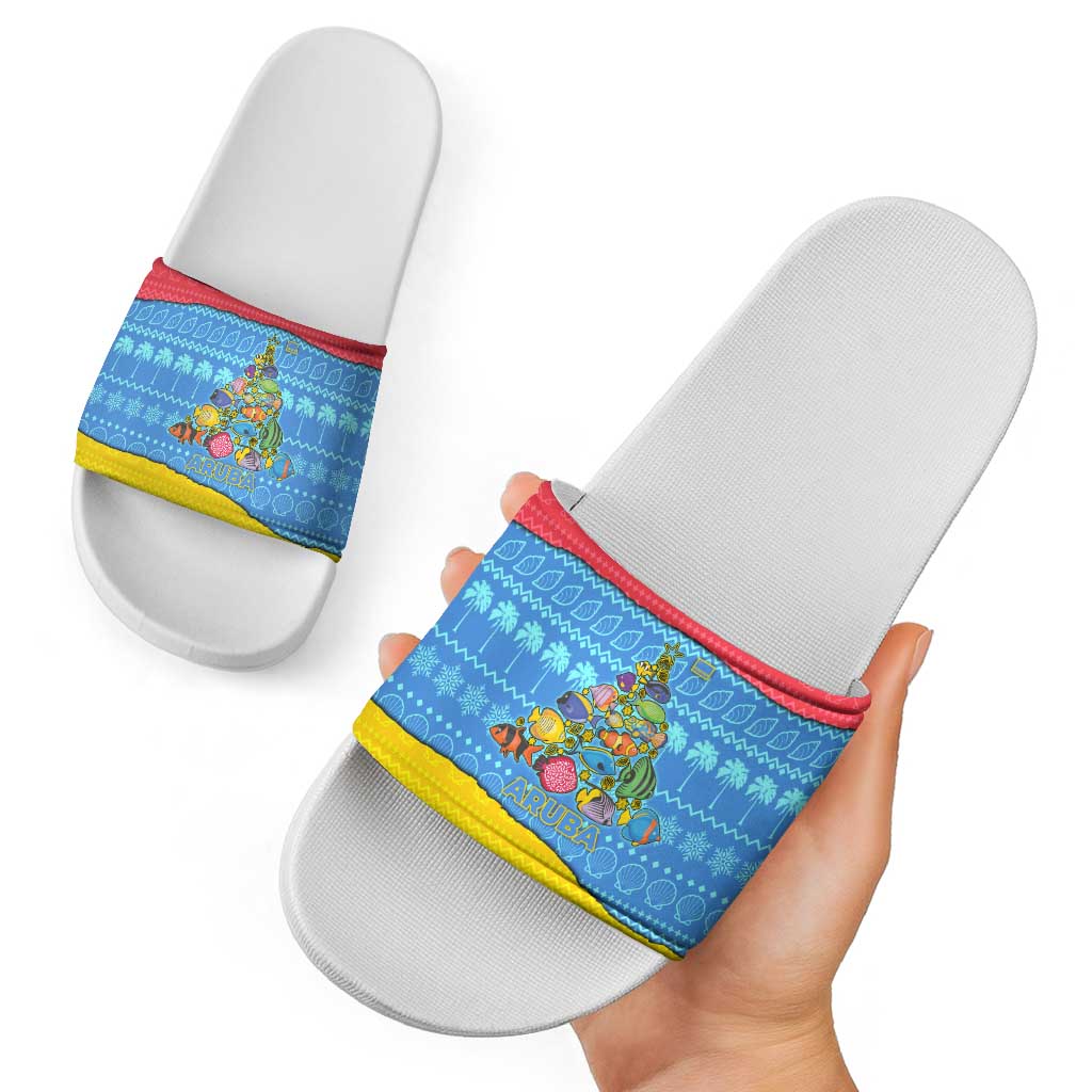 Aruba Christmas Slide Sandals with Fish Christmas Tree Aruba Flag and Red Blue Yellow Tropical Pattern Design - Wonder Print Shop
