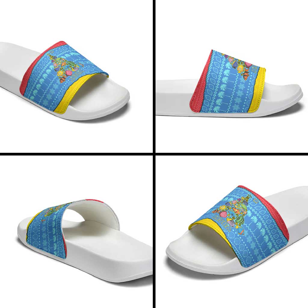 Aruba Christmas Slide Sandals with Fish Christmas Tree Aruba Flag and Red Blue Yellow Tropical Pattern Design - Wonder Print Shop