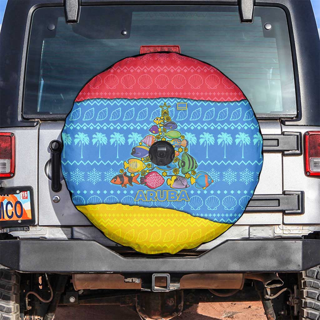 Aruba Christmas Spare Tire Cover with Fish Christmas Tree Aruba Flag and Red Blue Yellow Tropical Pattern Design - Wonder Print Shop