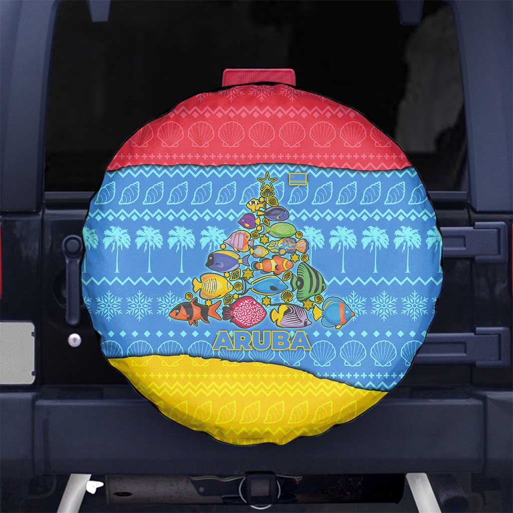 Aruba Christmas Spare Tire Cover with Fish Christmas Tree Aruba Flag and Red Blue Yellow Tropical Pattern Design - Wonder Print Shop
