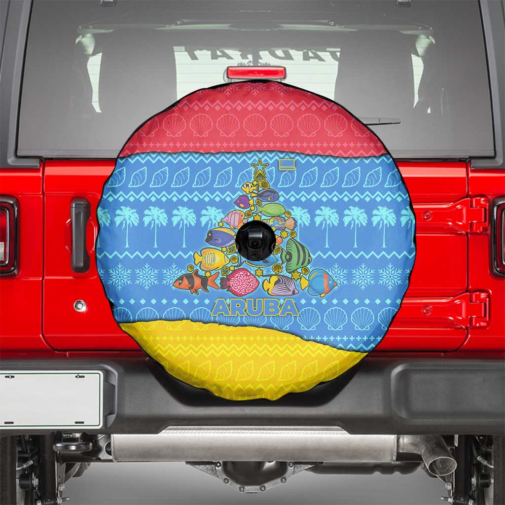 Aruba Christmas Spare Tire Cover with Fish Christmas Tree Aruba Flag and Red Blue Yellow Tropical Pattern Design - Wonder Print Shop