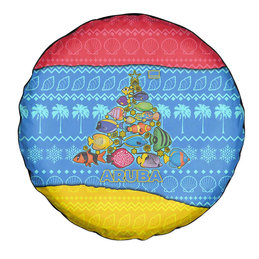 Aruba Christmas Spare Tire Cover with Fish Christmas Tree Aruba Flag and Red Blue Yellow Tropical Pattern Design - Wonder Print Shop