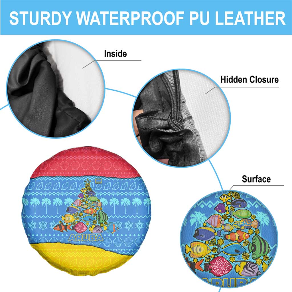 Aruba Christmas Spare Tire Cover with Fish Christmas Tree Aruba Flag and Red Blue Yellow Tropical Pattern Design - Wonder Print Shop