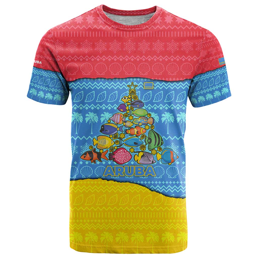 Aruba Christmas T Shirt with Fish Christmas Tree Aruba Flag and Red Blue Yellow Tropical Pattern Design - Wonder Print Shop
