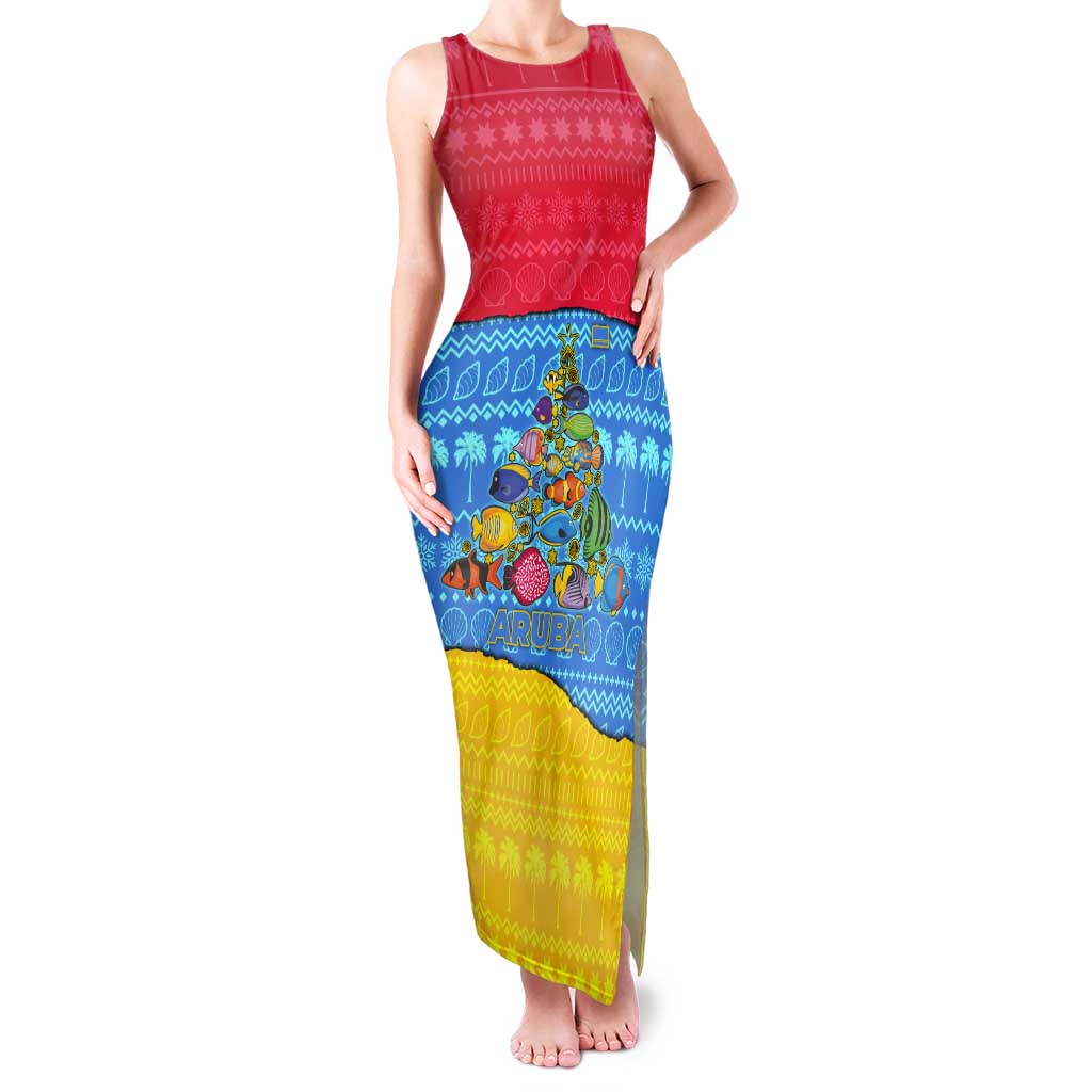 Aruba Christmas Tank Maxi Dress with Fish Christmas Tree Aruba Flag and Red Blue Yellow Tropical Pattern Design - Wonder Print Shop