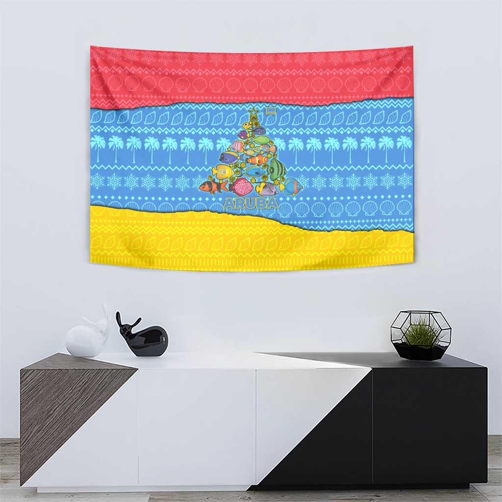 Aruba Christmas Tapestry with Fish Christmas Tree Aruba Flag and Red Blue Yellow Tropical Pattern Design - Wonder Print Shop