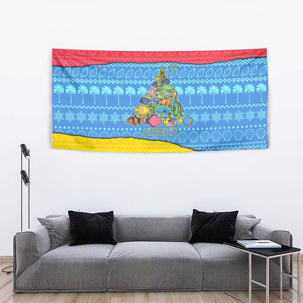 Aruba Christmas Tapestry with Fish Christmas Tree Aruba Flag and Red Blue Yellow Tropical Pattern Design - Wonder Print Shop