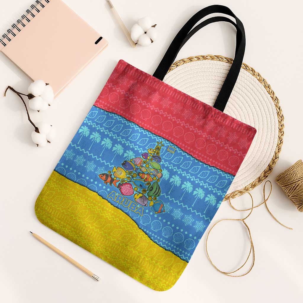 Aruba Christmas Tote Bag with Fish Christmas Tree Aruba Flag and Red Blue Yellow Tropical Pattern Design - Wonder Print Shop