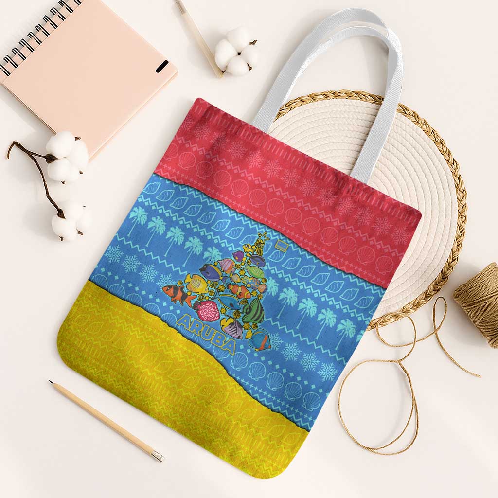 Aruba Christmas Tote Bag with Fish Christmas Tree Aruba Flag and Red Blue Yellow Tropical Pattern Design - Wonder Print Shop