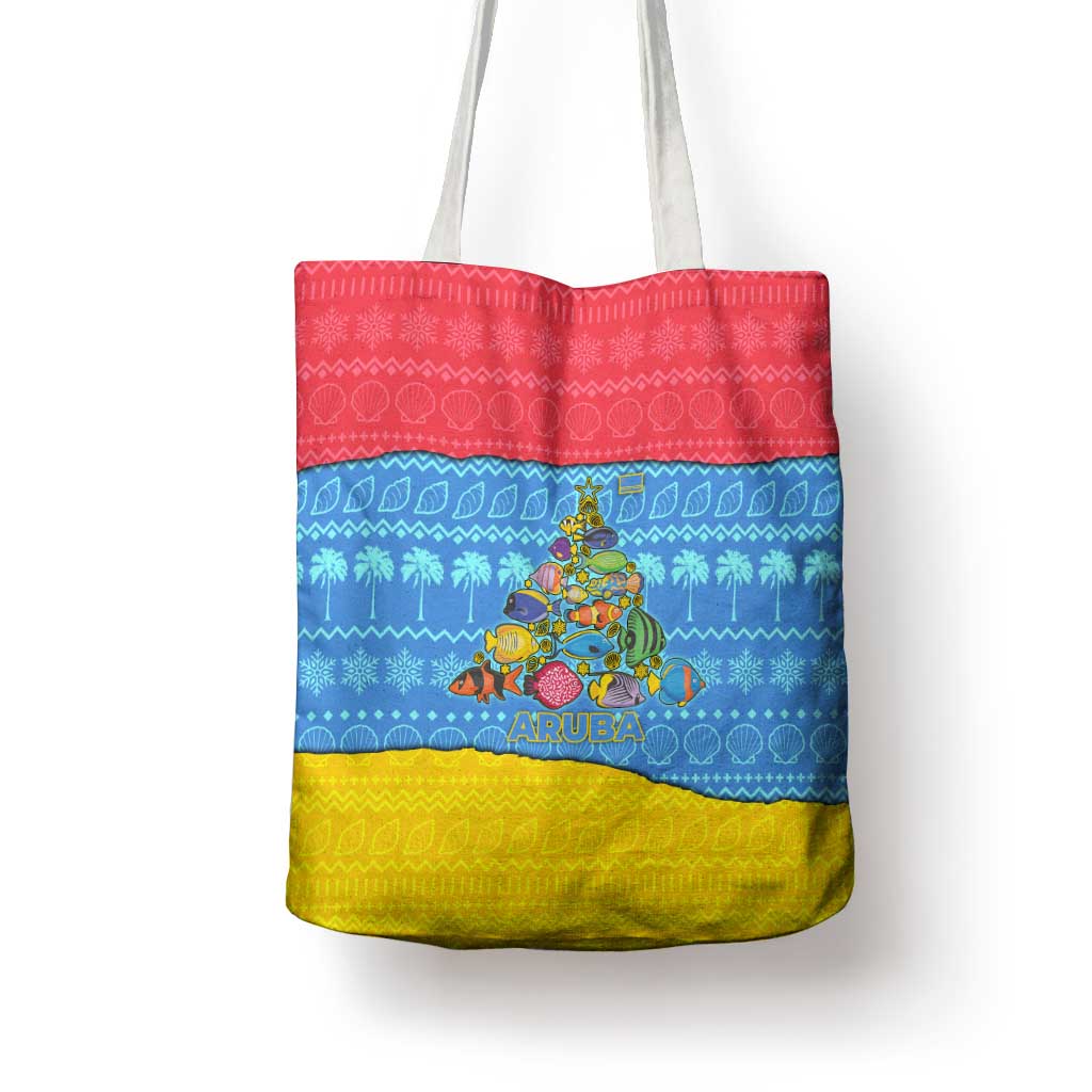 Aruba Christmas Tote Bag with Fish Christmas Tree Aruba Flag and Red Blue Yellow Tropical Pattern Design - Wonder Print Shop