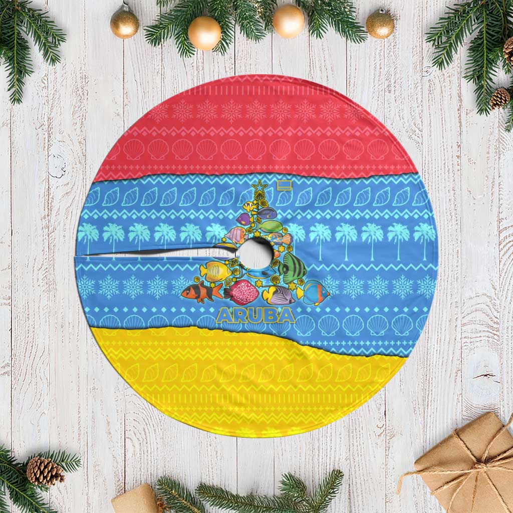 Aruba Christmas Tree Skirt with Fish Christmas Tree Aruba Flag and Red Blue Yellow Tropical Pattern Design - Wonder Print Shop