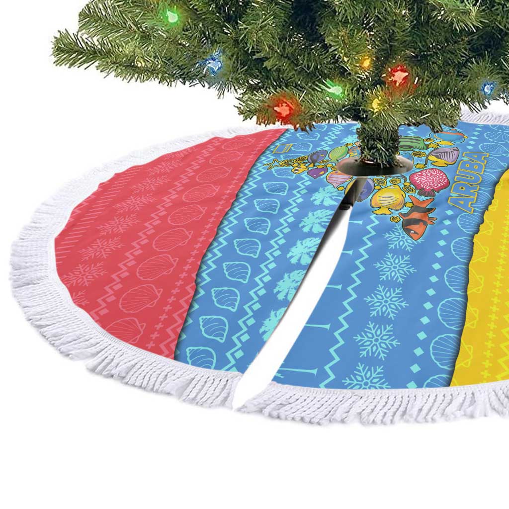 Aruba Christmas Tree Skirt with Fish Christmas Tree Aruba Flag and Red Blue Yellow Tropical Pattern Design - Wonder Print Shop