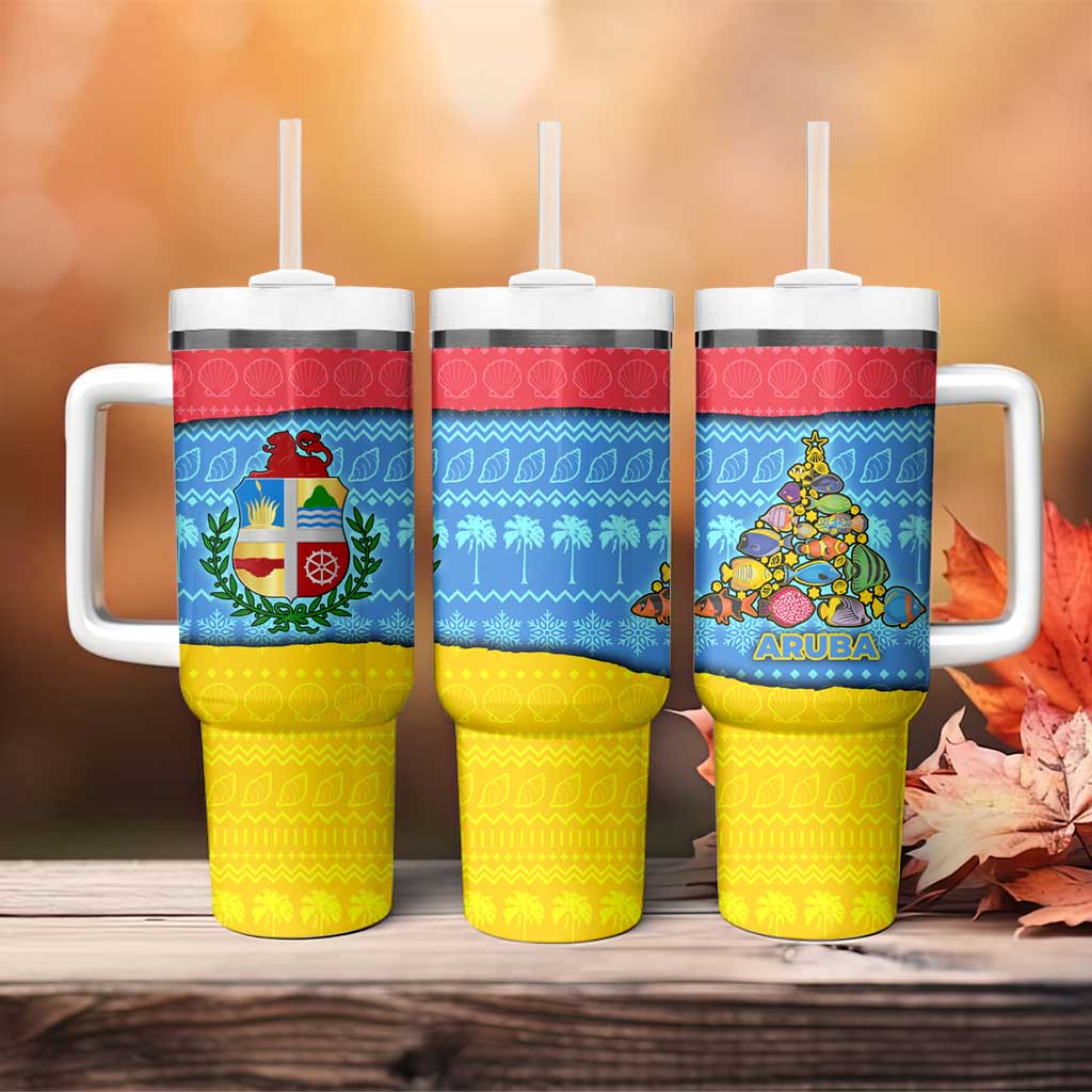 Aruba Christmas Tumbler With Handle with Fish Christmas Tree Aruba Flag and Red Blue Yellow Tropical Pattern Design - Wonder Print Shop