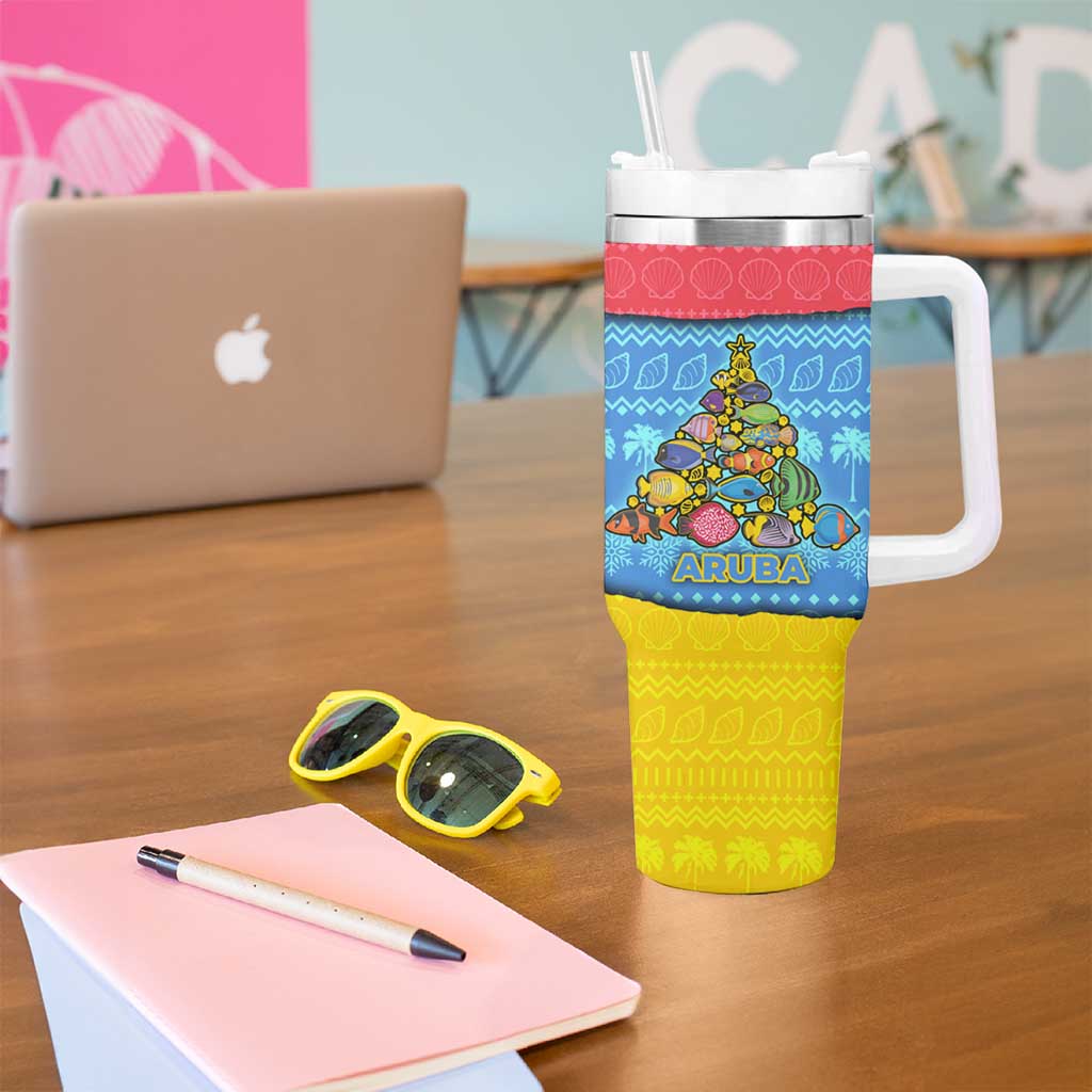 Aruba Christmas Tumbler With Handle with Fish Christmas Tree Aruba Flag and Red Blue Yellow Tropical Pattern Design - Wonder Print Shop