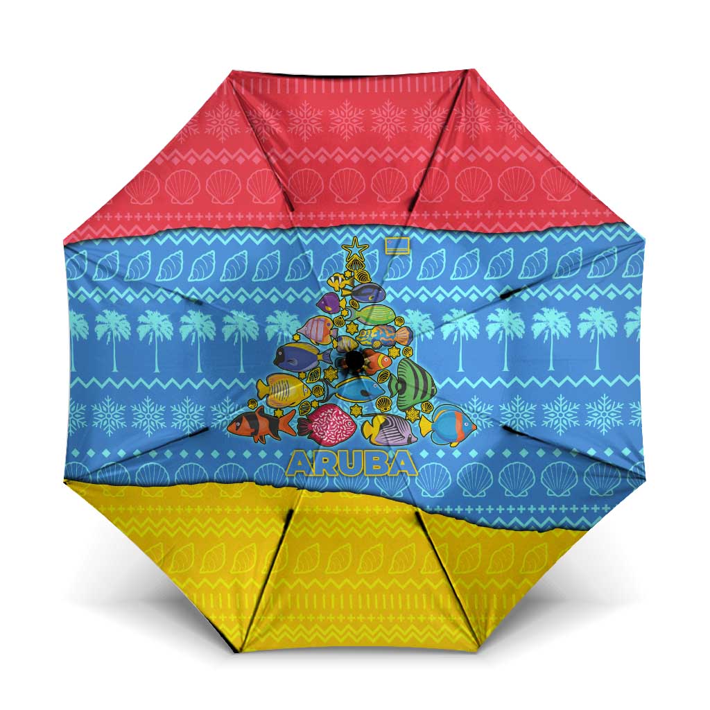 Aruba Christmas Umbrella with Fish Christmas Tree Aruba Flag and Red Blue Yellow Tropical Pattern Design - Wonder Print Shop