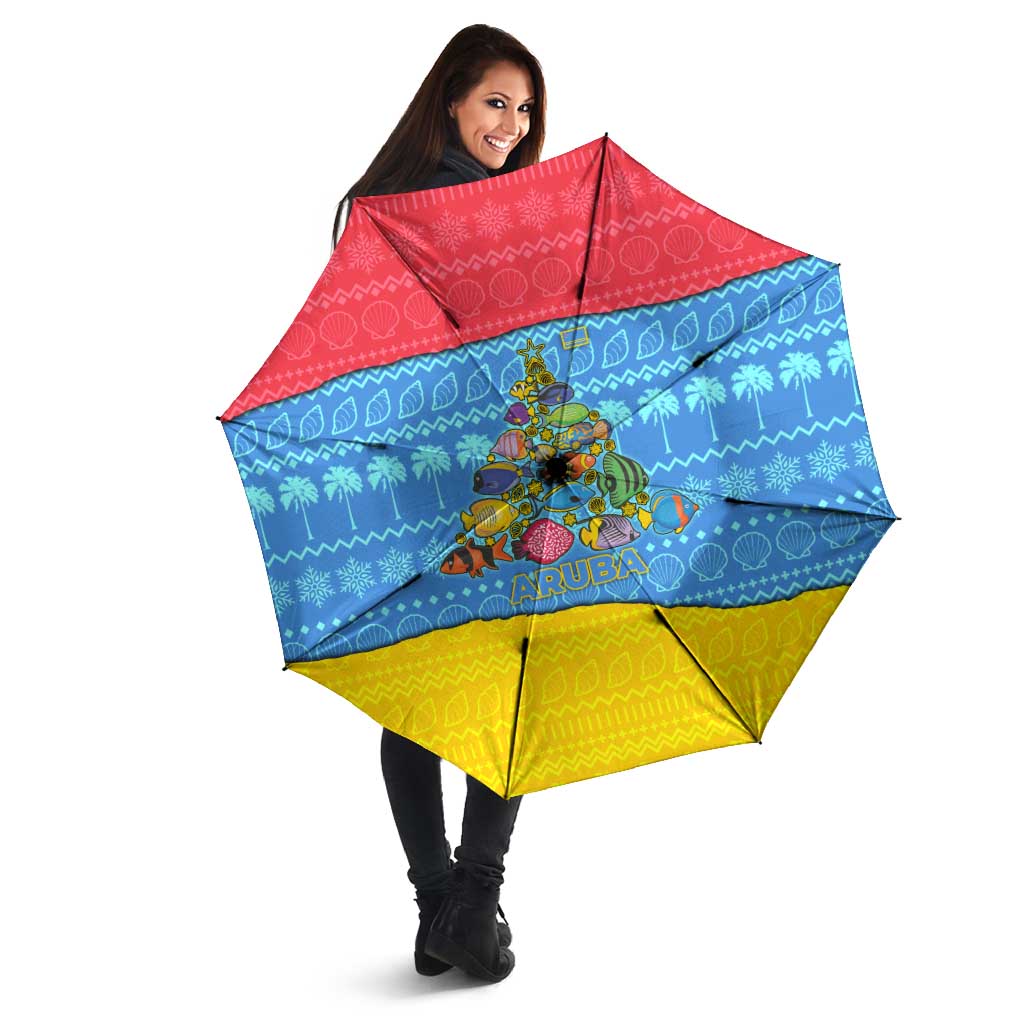 Aruba Christmas Umbrella with Fish Christmas Tree Aruba Flag and Red Blue Yellow Tropical Pattern Design - Wonder Print Shop