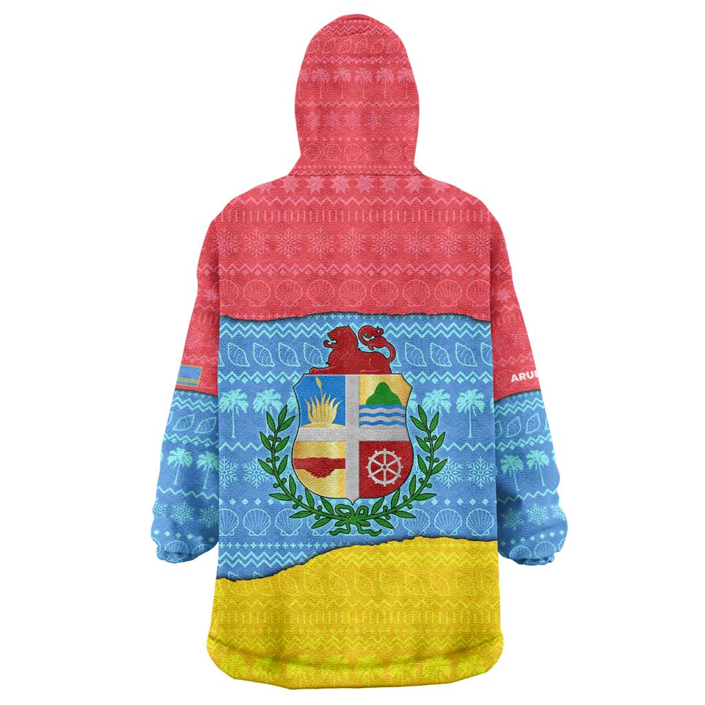 Aruba Christmas Wearable Blanket Hoodie with Fish Christmas Tree Aruba Flag and Red Blue Yellow Tropical Pattern Design - Wonder Print Shop