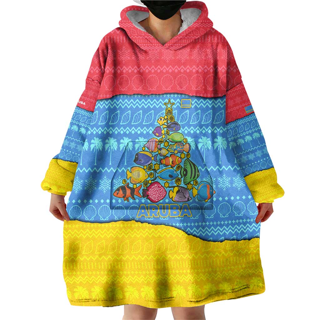 Aruba Christmas Wearable Blanket Hoodie with Fish Christmas Tree Aruba Flag and Red Blue Yellow Tropical Pattern Design - Wonder Print Shop
