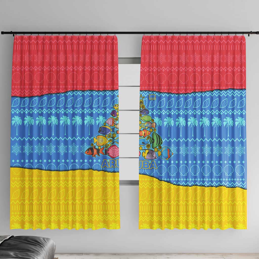 Aruba Christmas Window Curtain with Fish Christmas Tree Aruba Flag and Red Blue Yellow Tropical Pattern Design - Wonder Print Shop