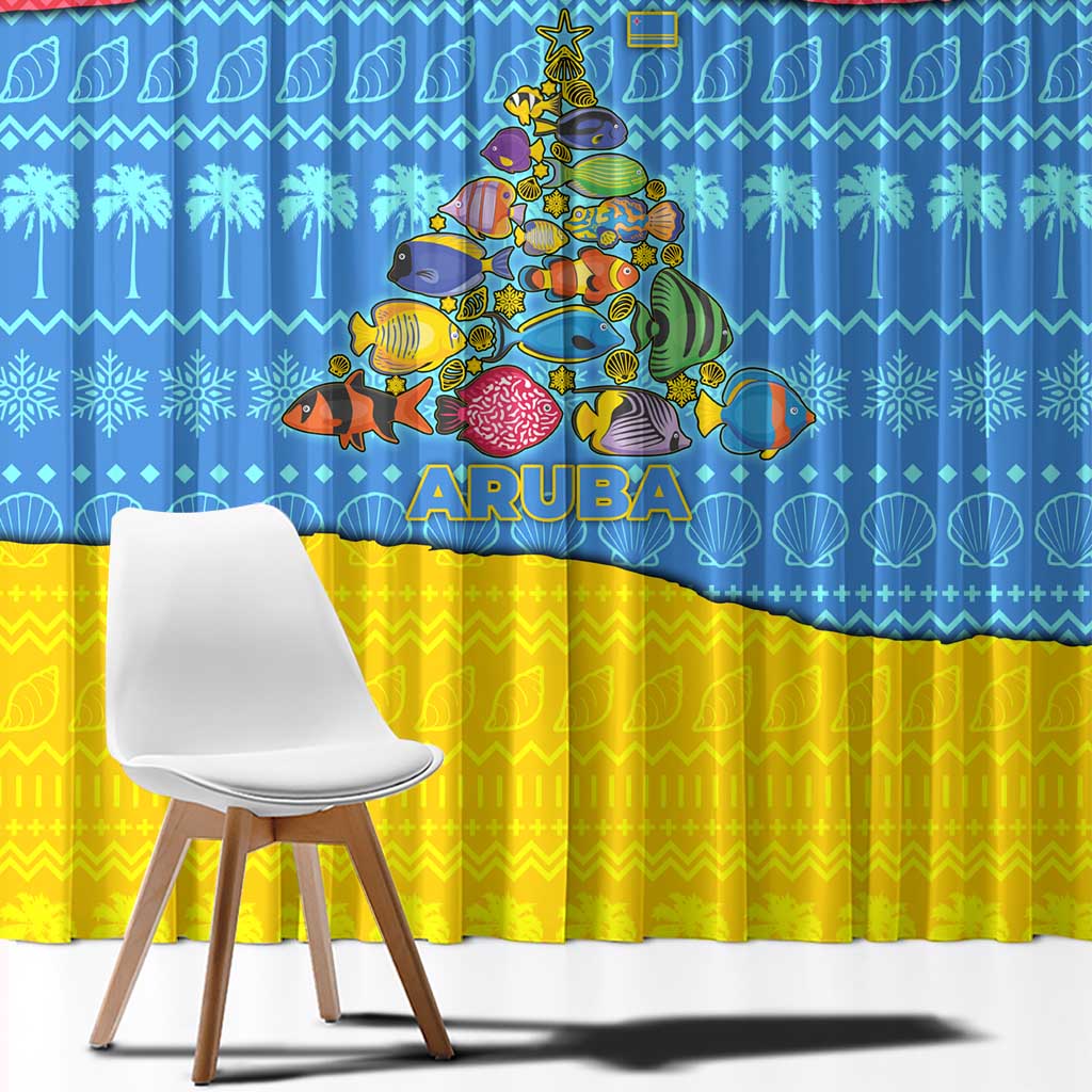 Aruba Christmas Window Curtain with Fish Christmas Tree Aruba Flag and Red Blue Yellow Tropical Pattern Design - Wonder Print Shop