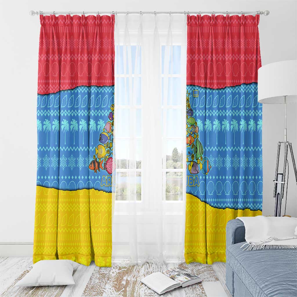 Aruba Christmas Window Curtain with Fish Christmas Tree Aruba Flag and Red Blue Yellow Tropical Pattern Design - Wonder Print Shop