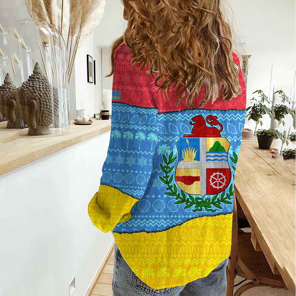 Aruba Christmas Women Casual Shirt with Fish Christmas Tree Aruba Flag and Red Blue Yellow Tropical Pattern Design - Wonder Print Shop