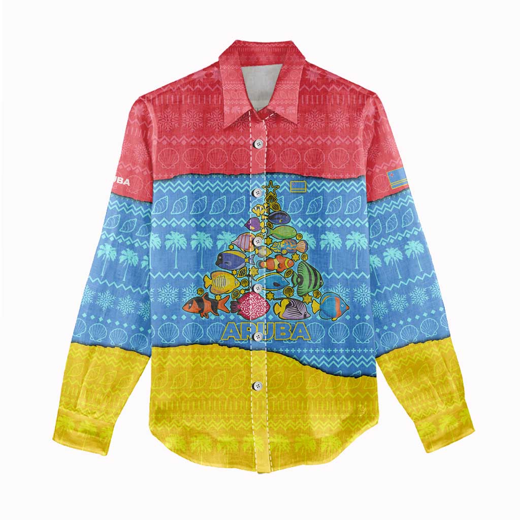 Aruba Christmas Women Casual Shirt with Fish Christmas Tree Aruba Flag and Red Blue Yellow Tropical Pattern Design - Wonder Print Shop