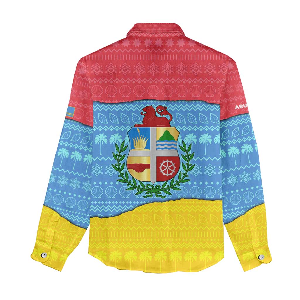 Aruba Christmas Women Casual Shirt with Fish Christmas Tree Aruba Flag and Red Blue Yellow Tropical Pattern Design - Wonder Print Shop