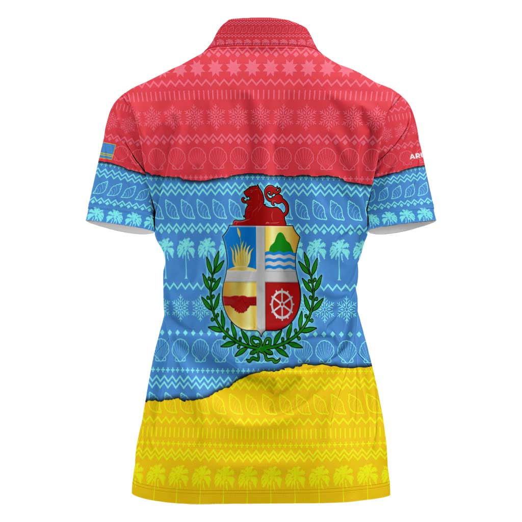 Aruba Christmas Women Polo Shirt with Fish Christmas Tree Aruba Flag and Red Blue Yellow Tropical Pattern Design - Wonder Print Shop