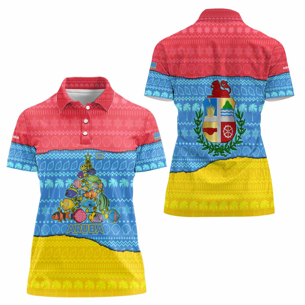 Aruba Christmas Women Polo Shirt with Fish Christmas Tree Aruba Flag and Red Blue Yellow Tropical Pattern Design - Wonder Print Shop