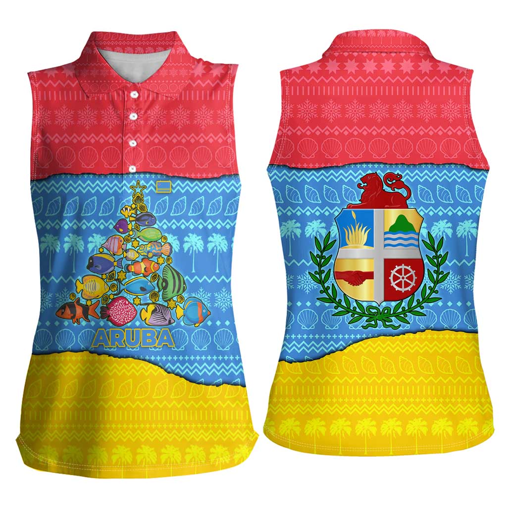 Aruba Christmas Women Sleeveless Polo Shirt with Fish Christmas Tree Aruba Flag and Red Blue Yellow Tropical Pattern Design - Wonder Print Shop