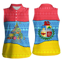 Aruba Christmas Women Sleeveless Polo Shirt with Fish Christmas Tree Aruba Flag and Red Blue Yellow Tropical Pattern Design - Wonder Print Shop