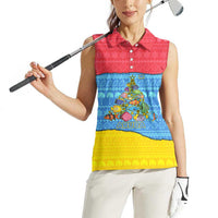Aruba Christmas Women Sleeveless Polo Shirt with Fish Christmas Tree Aruba Flag and Red Blue Yellow Tropical Pattern Design - Wonder Print Shop