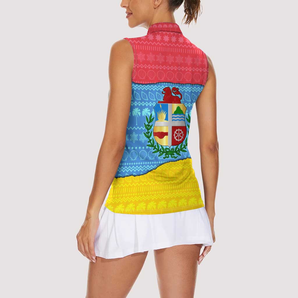 Aruba Christmas Women Sleeveless Polo Shirt with Fish Christmas Tree Aruba Flag and Red Blue Yellow Tropical Pattern Design - Wonder Print Shop