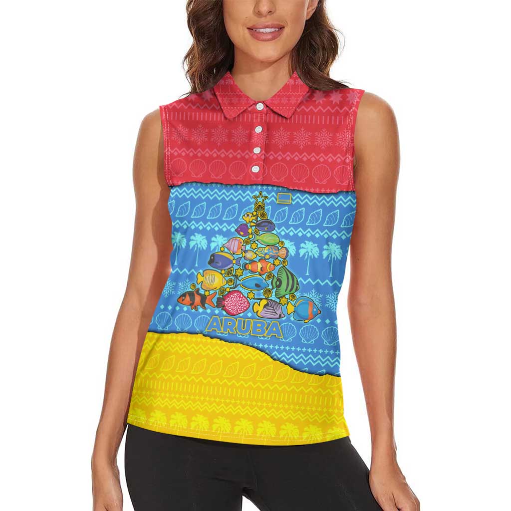 Aruba Christmas Women Sleeveless Polo Shirt with Fish Christmas Tree Aruba Flag and Red Blue Yellow Tropical Pattern Design - Wonder Print Shop