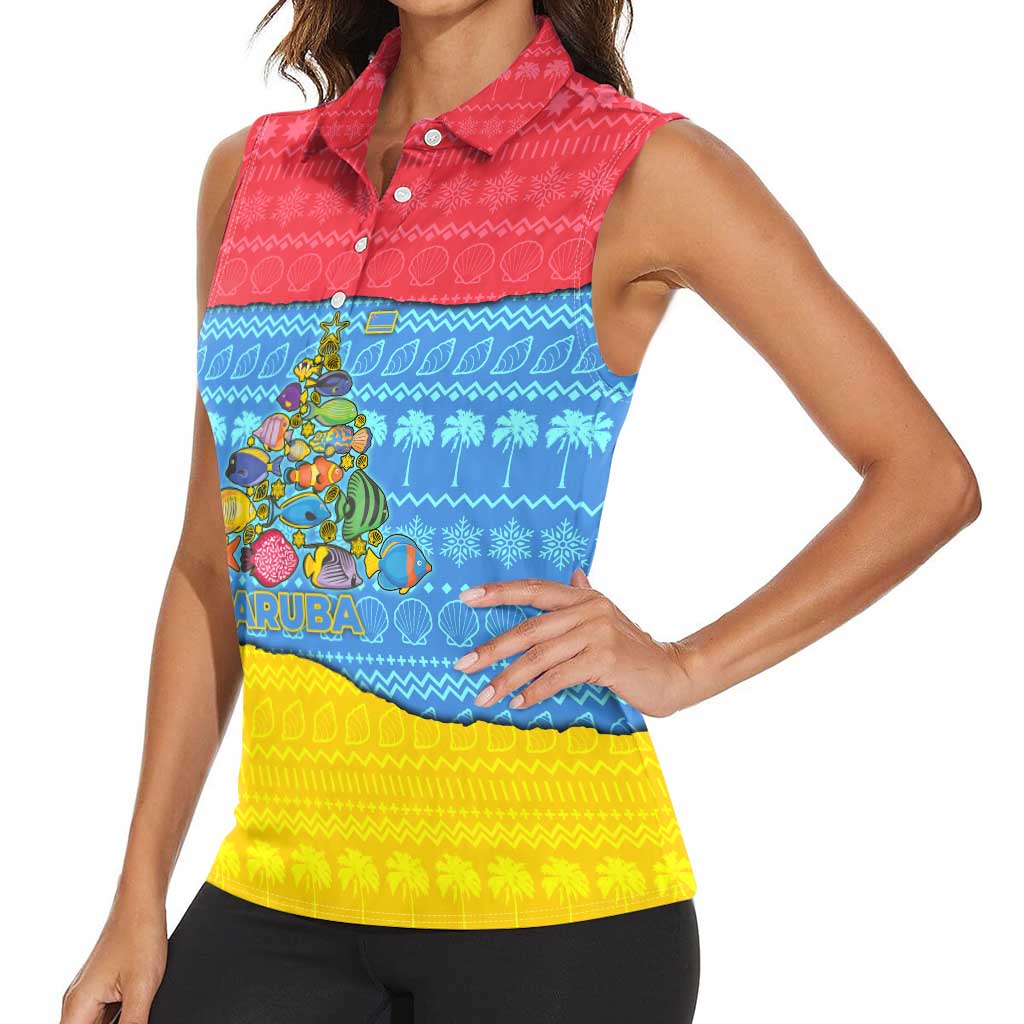 Aruba Christmas Women Sleeveless Polo Shirt with Fish Christmas Tree Aruba Flag and Red Blue Yellow Tropical Pattern Design - Wonder Print Shop